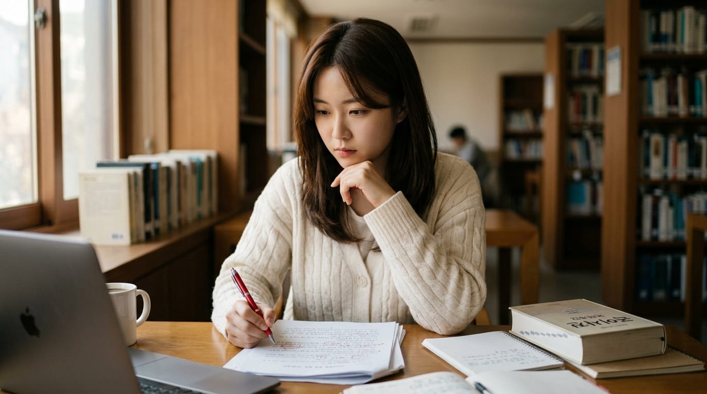 도서관에서 공부하는 여성, 노트북과 책들 앞에서 필기하며 집중하는 모습. 커피 컵과 여러 페이지의 노트가 함께 배치되어 있음.