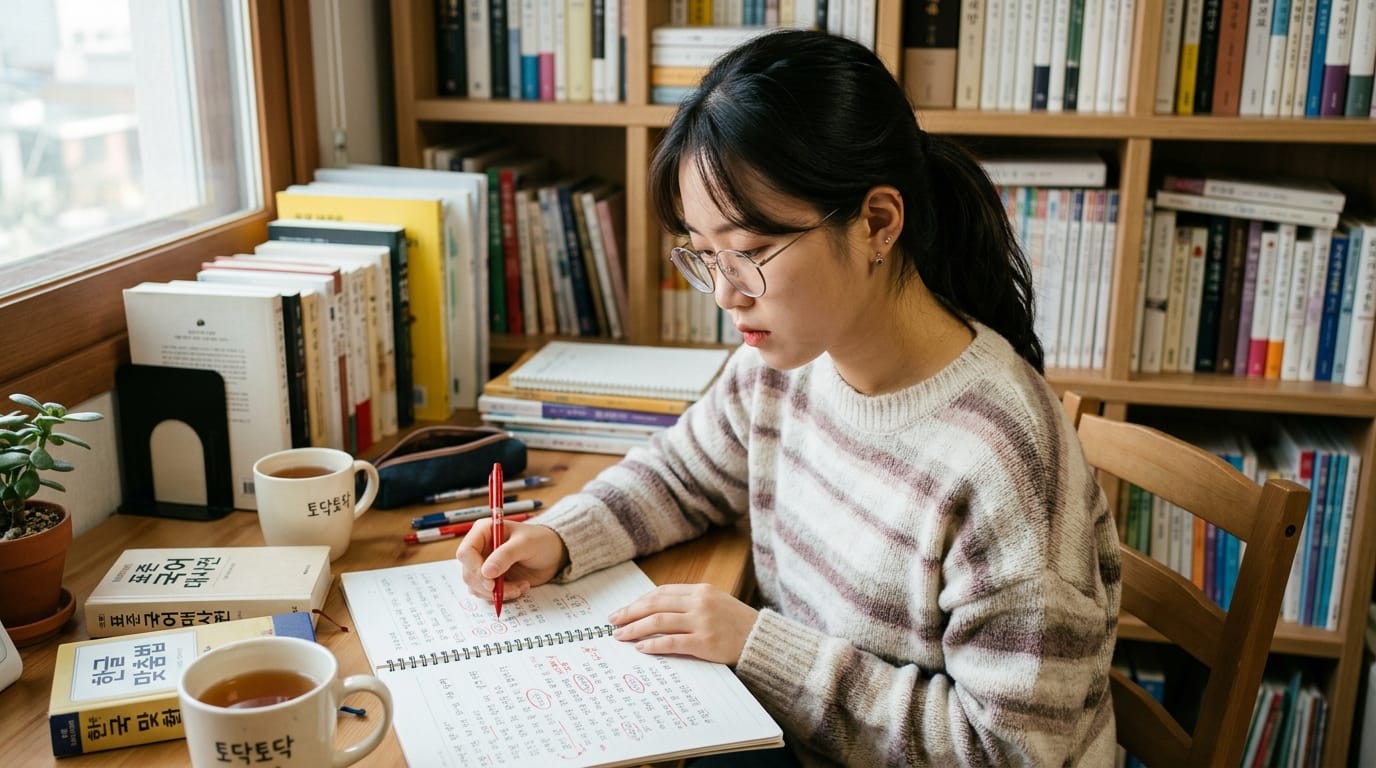 책상에서 노트에 필기를 하는 학생의 모습, 주변에 책과 차가 놓여 있으며, 아늑한 분위기의 서재에서 공부 중인 장면.