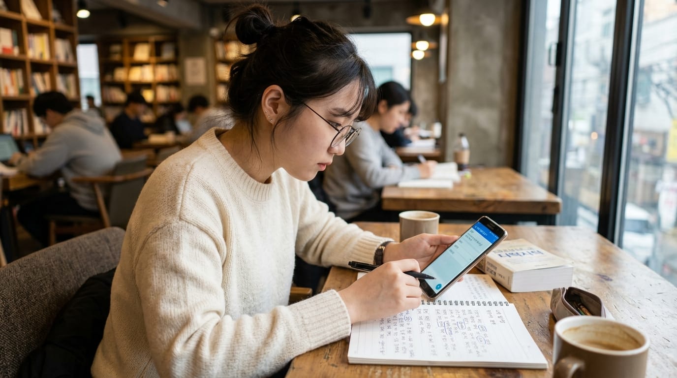 카페에서 스마트폰으로 작업하는 젊은 여성. 그녀는 노트에 필기를 하며 집중하고 있다. 배경에는 다른 사람들이 공부하고 있는 모습이 보인다.