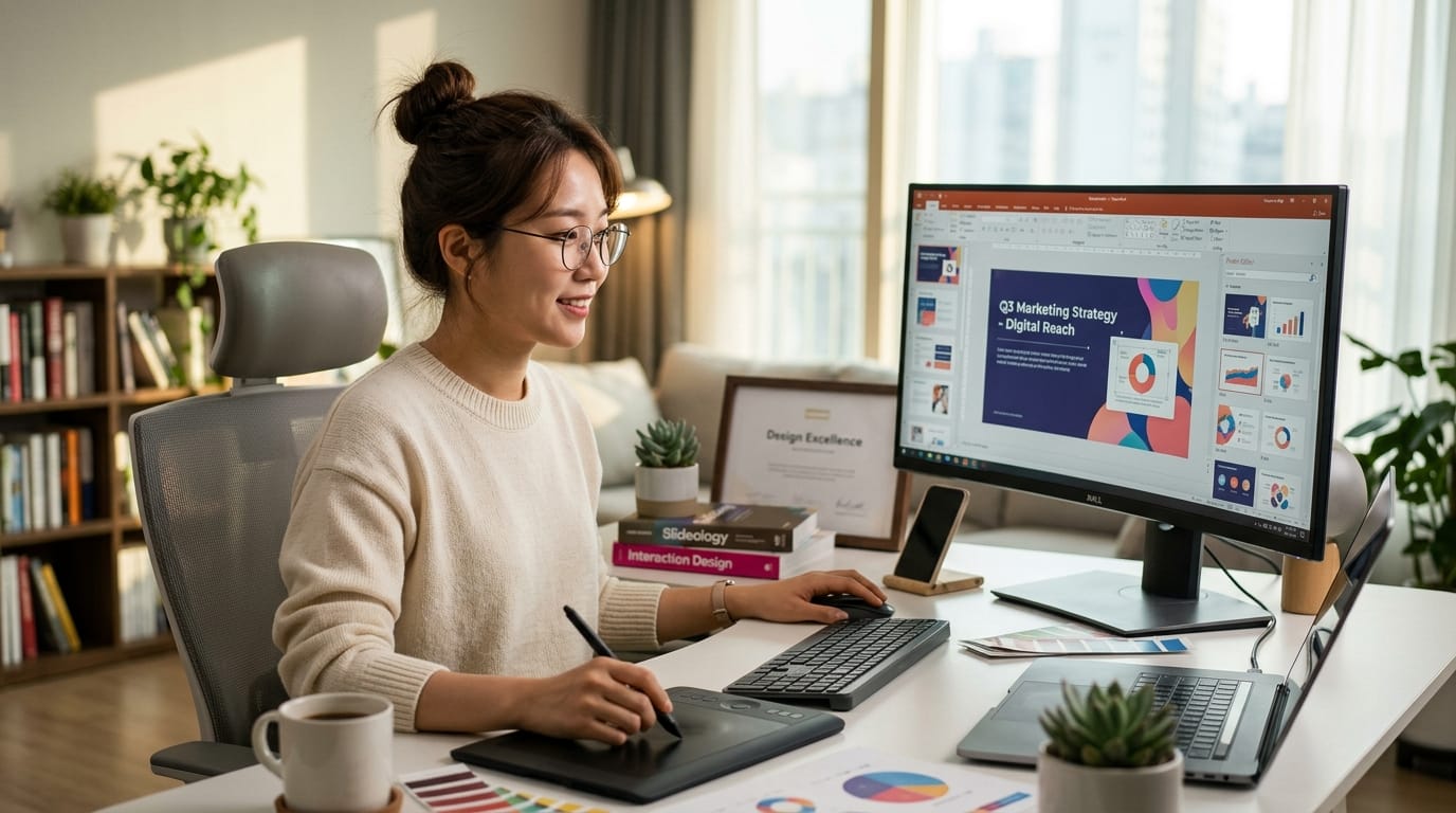 사무실에서 컴퓨터를 사용하며 마케팅 전략을 준비하는 여성의 모습. 모니터에는 프레젠테이션 슬라이드가 표시되고, 디자인 관련 책과 식물이 있는 깔끔한 책상이 특징.