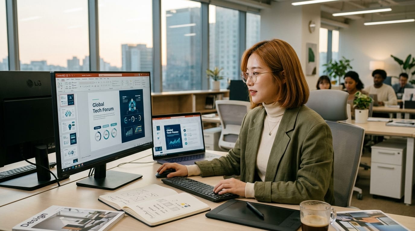사무실에서 컴퓨터 작업을 하는 여성, 글로벌 기술 포럼 프레젠테이션이 화면에 표시됨, 현대적인 환경과 다양한 동료들이 배경에 있음.