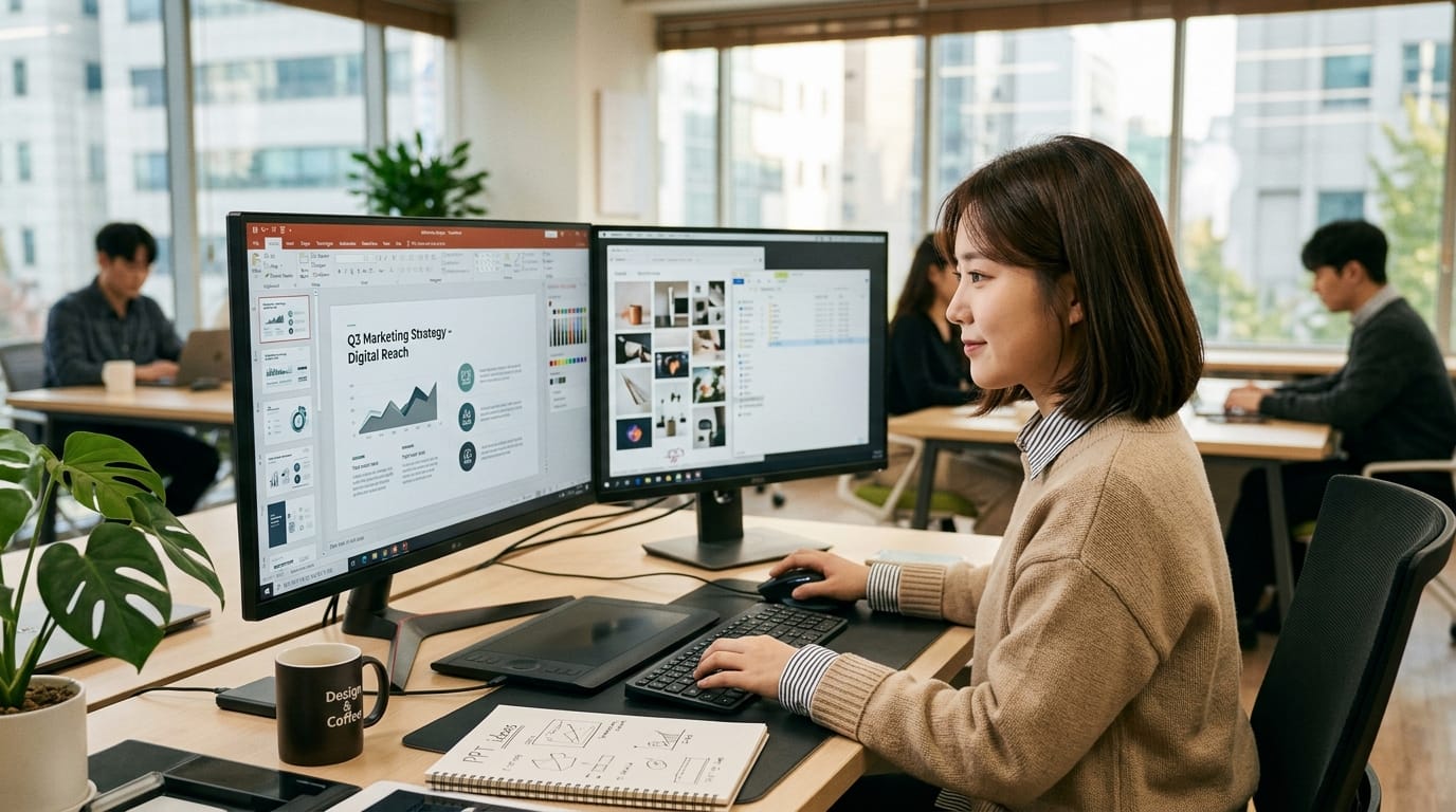 사무실에서 컴퓨터로 마케팅 전략을 준비하는 여성의 모습. 두 개의 모니터에 다양한 데이터와 프레젠테이션이 표시되어 있으며, 주변에는 다른 직장인들이 일하고 있는 모습이 보인다. 커피 컵과 식물도 배치되어 있어 아늑한 분위기를 연출한다.