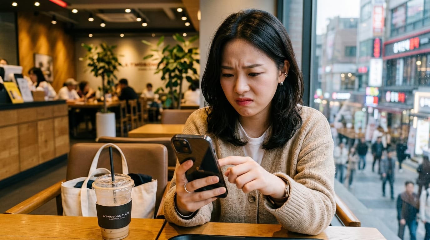 카페에서 스마트폰을 들고 불만스러운 표정을 짓고 있는 여성의 모습. 배경에는 사람들이 오가는 거리와 카페 내부가 보인다.