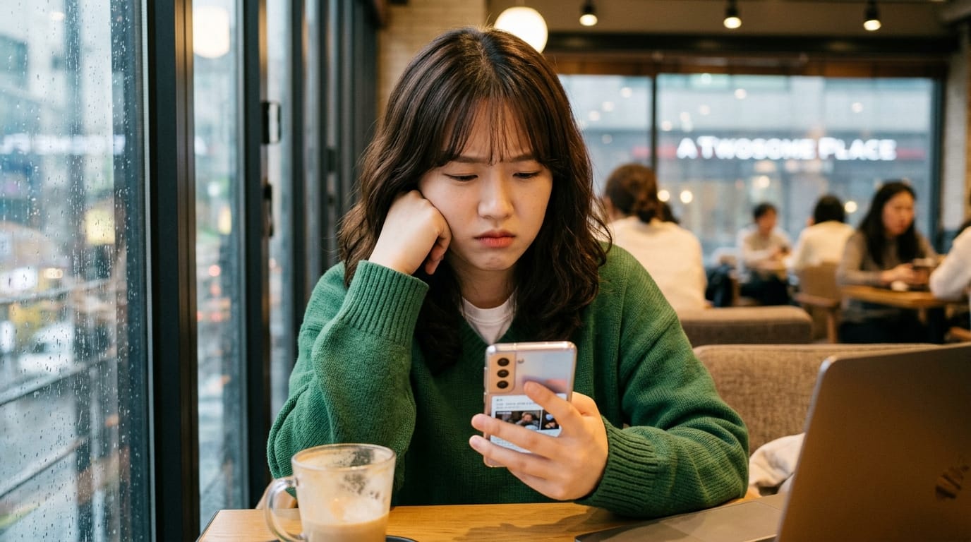 카페에서 스마트폰을 바라보며 고민하는 여성의 모습. 창가에 비가 내리고 있으며, 테이블에는 커피와 노트북이 놓여 있다.