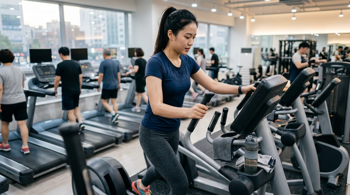 헬스장에서 유산소 운동을 하는 여성, 다양한 운동 기구가 배치된 현대적인 환경에서 다른 운동하는 사람들과 함께 운동하는 모습.