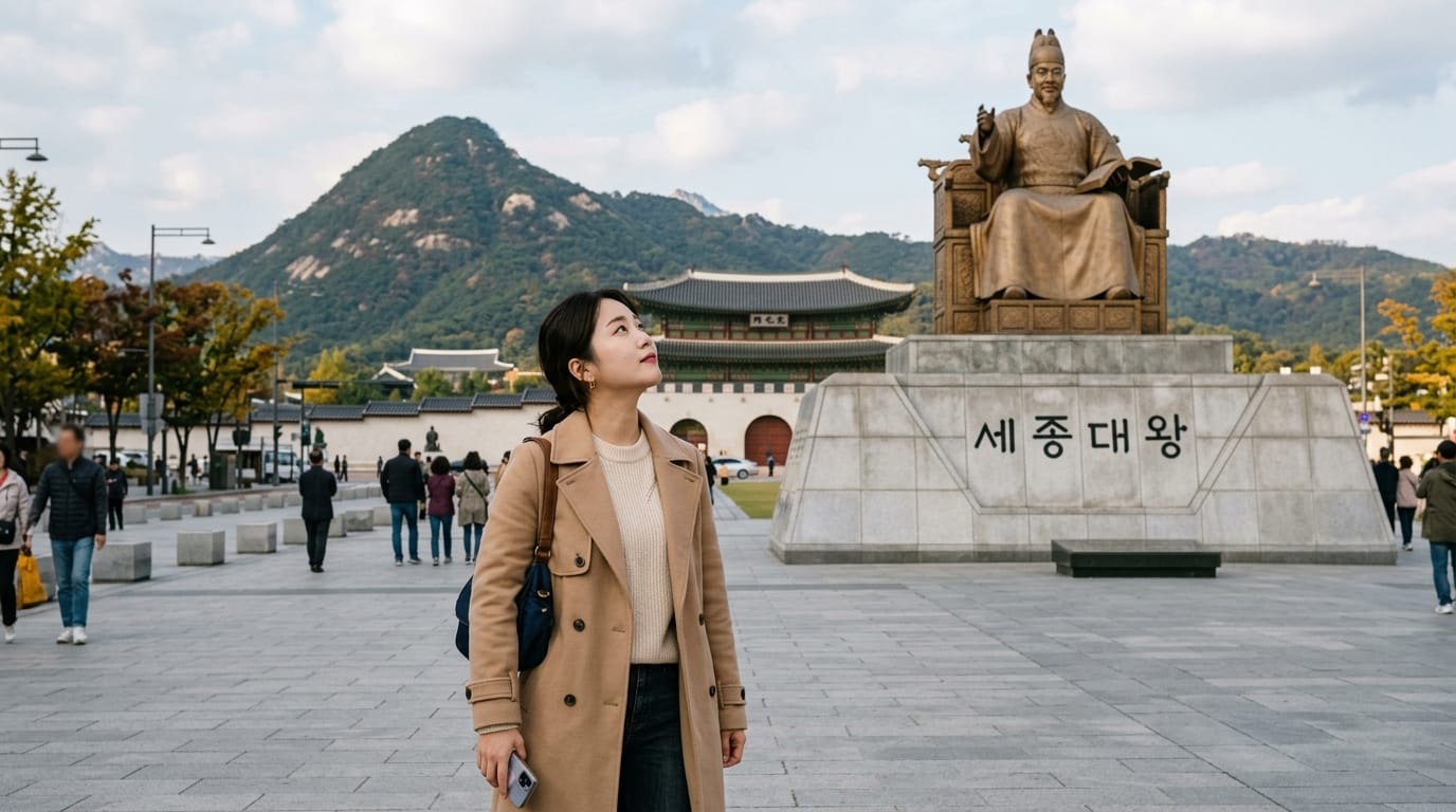 세종대왕 동상 앞에서 하늘을 바라보는 젊은 여성, 경복궁 전경과 주변의 산들이 배경으로 보임.