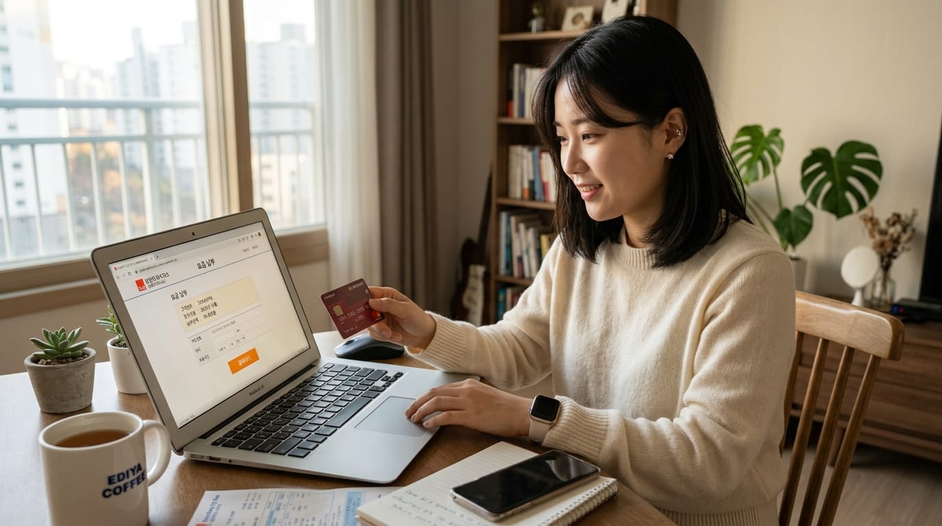 온라인 쇼핑 중인 여성, 노트북 화면에 결제 정보를 입력하며 신용카드를 들고 있는 모습. 편안한 집 안에서 커피와 메모장이 놓여 있는 책상에서 작업 중.