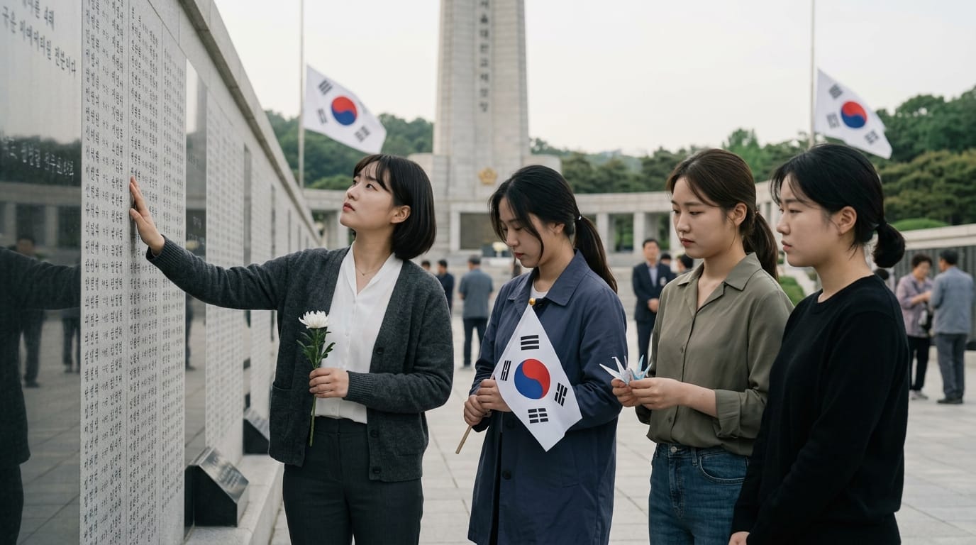 전쟁 기념관 앞에서 한국 국기를 들고 있는 여성들이 기념비를 바라보고 있으며, 한 여성이 꽃을 들고 기념비에 손을 대고 있다.