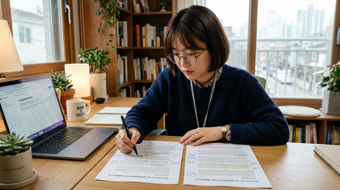 학생이 책상에서 노트북을 사용하며 문서를 읽고 필기하고 있는 모습. 주변에는 식물과 커피 컵이 놓여 있으며, 창 밖으로 도시 풍경이 보인다.