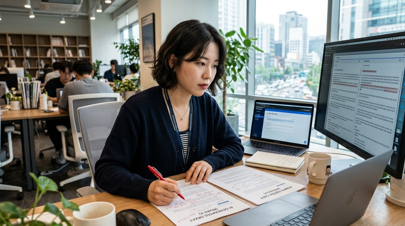 사무실에서 작업 중인 여성, 노트북과 모니터 앞에서 메모를 하며 집중하고 있는 모습. 주변에 여러 사람과 식물들이 있는 현대적인 업무 환경.