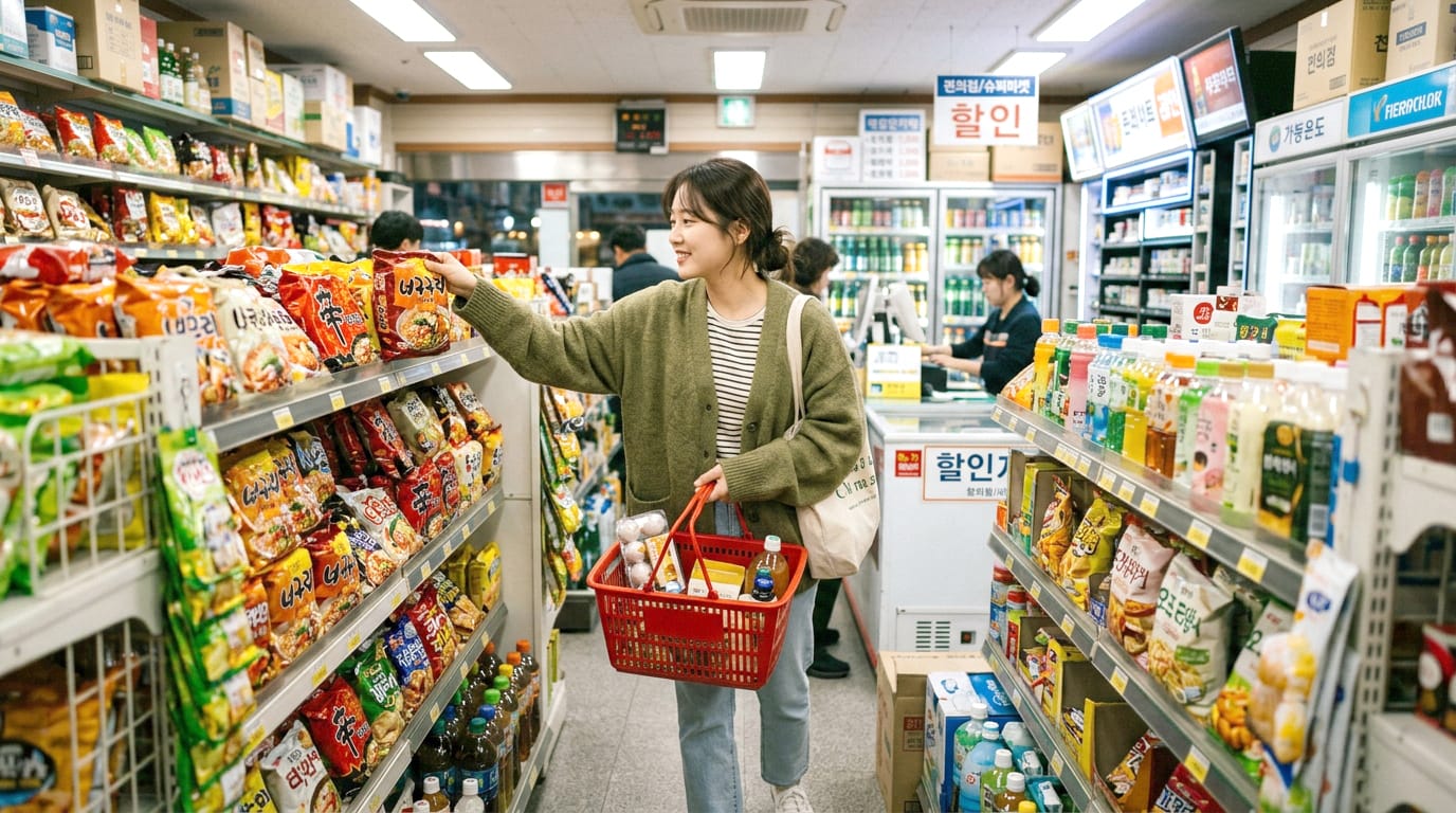 편의점에서 쇼핑하는 여성의 모습, 다양한 스낵과 음료가 진열된 선반 사이를 지나며 장바구니를 들고 있는 모습.