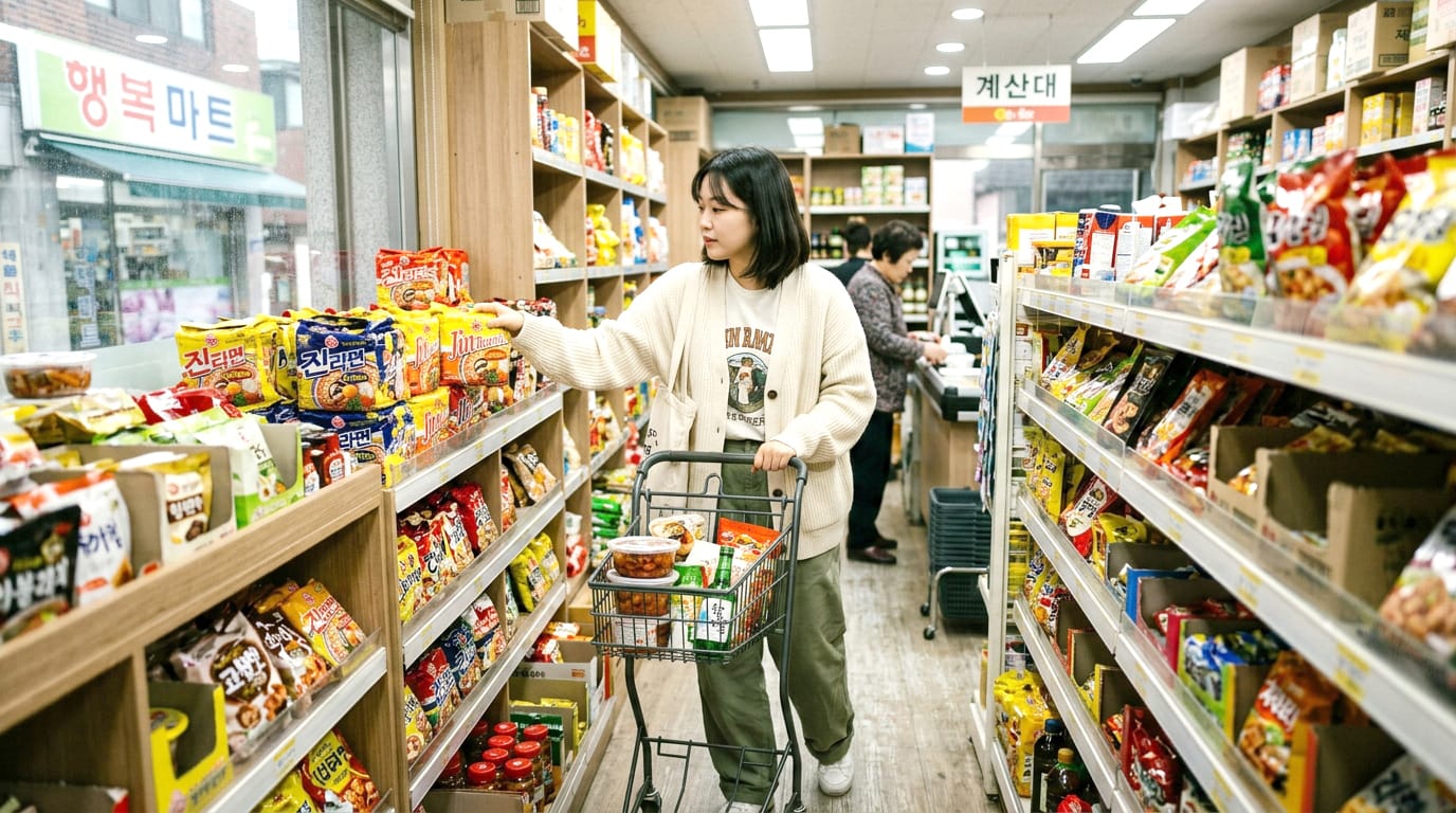편의점에서 쇼핑 중인 여성, 다양한 스낵과 즉석식품이 진열된 선반 사이를 지나가며 장바구니에 물건을 담고 있음. 배경에는 계산대와 다른 고객이 보임.