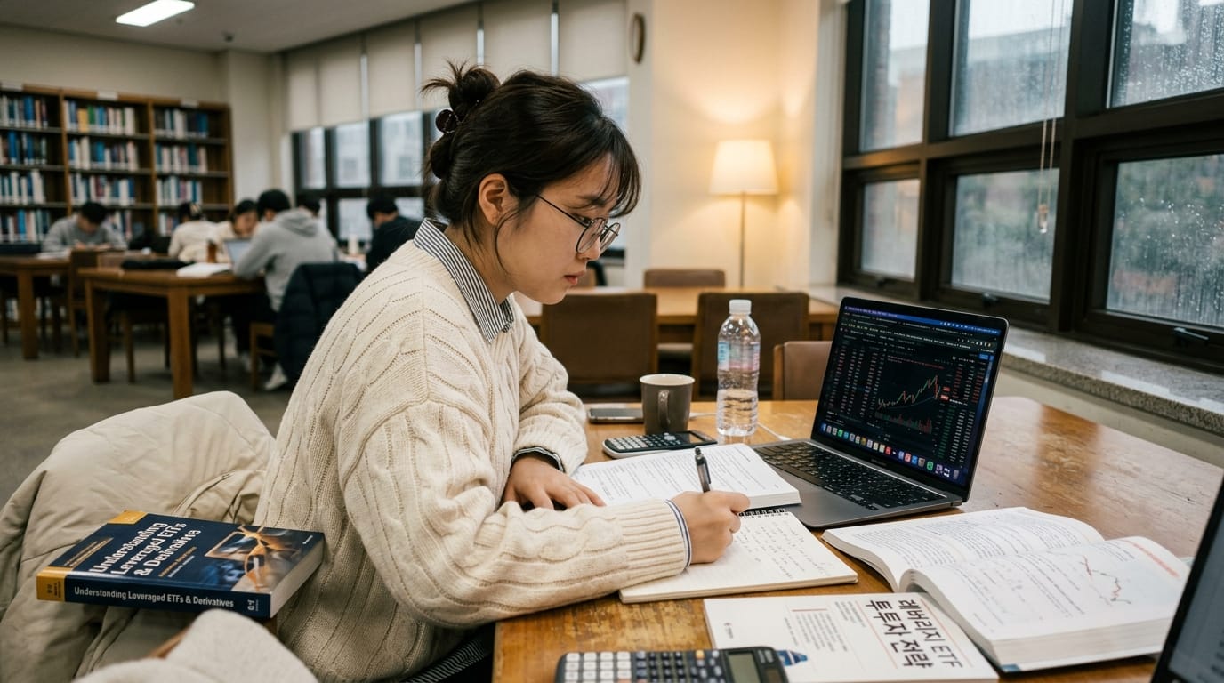 도서관에서 공부하는 여성, 노트에 필기하며 노트북 화면의 데이터 분석을 보고 있음. 주변에는 다른 학생들이 책상에서 공부 중이며, 커피와 물병이 놓여 있음.