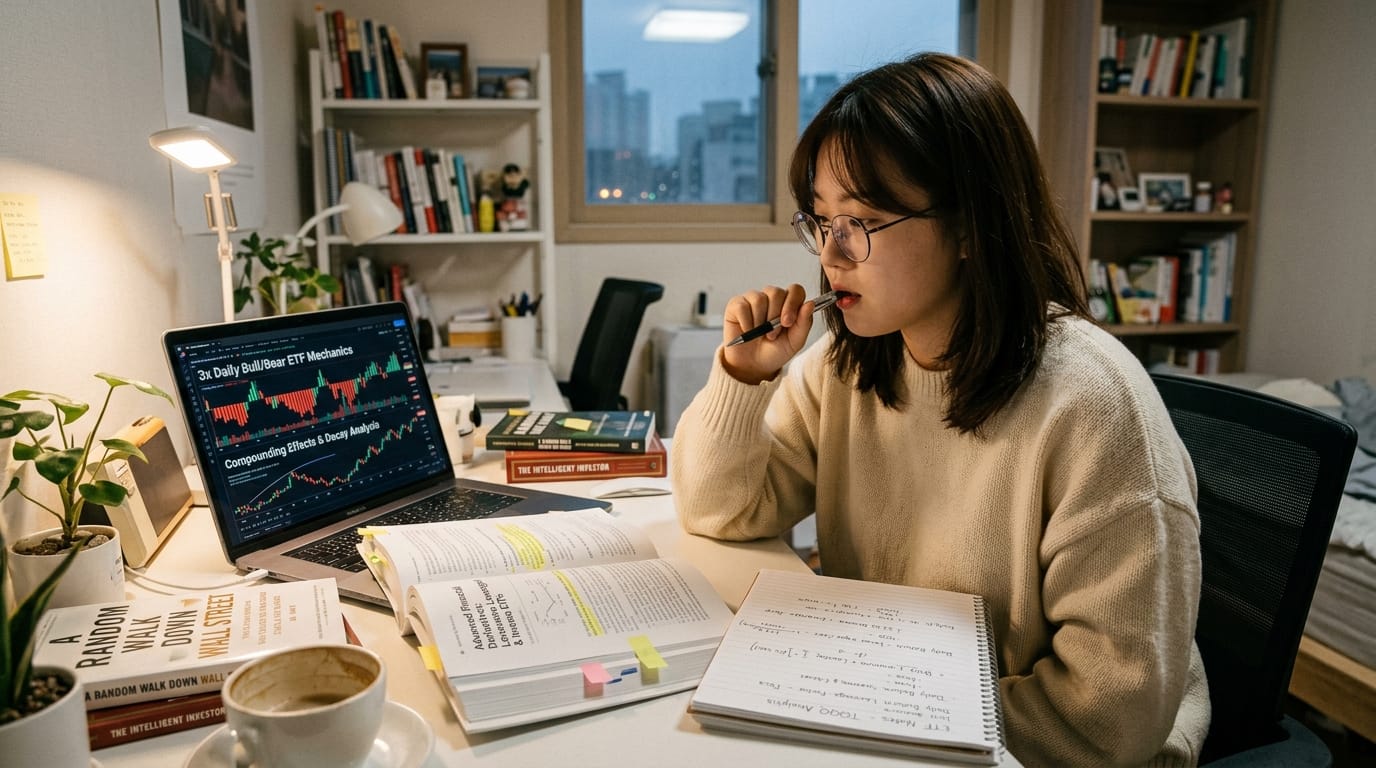 학생이 책상에서 공부하며 노트북 화면의 금융 차트를 분석하고 있는 모습. 주변에는 여러 권의 책과 필기구가 정리되어 있으며, 커피 컵이 놓여 있다.