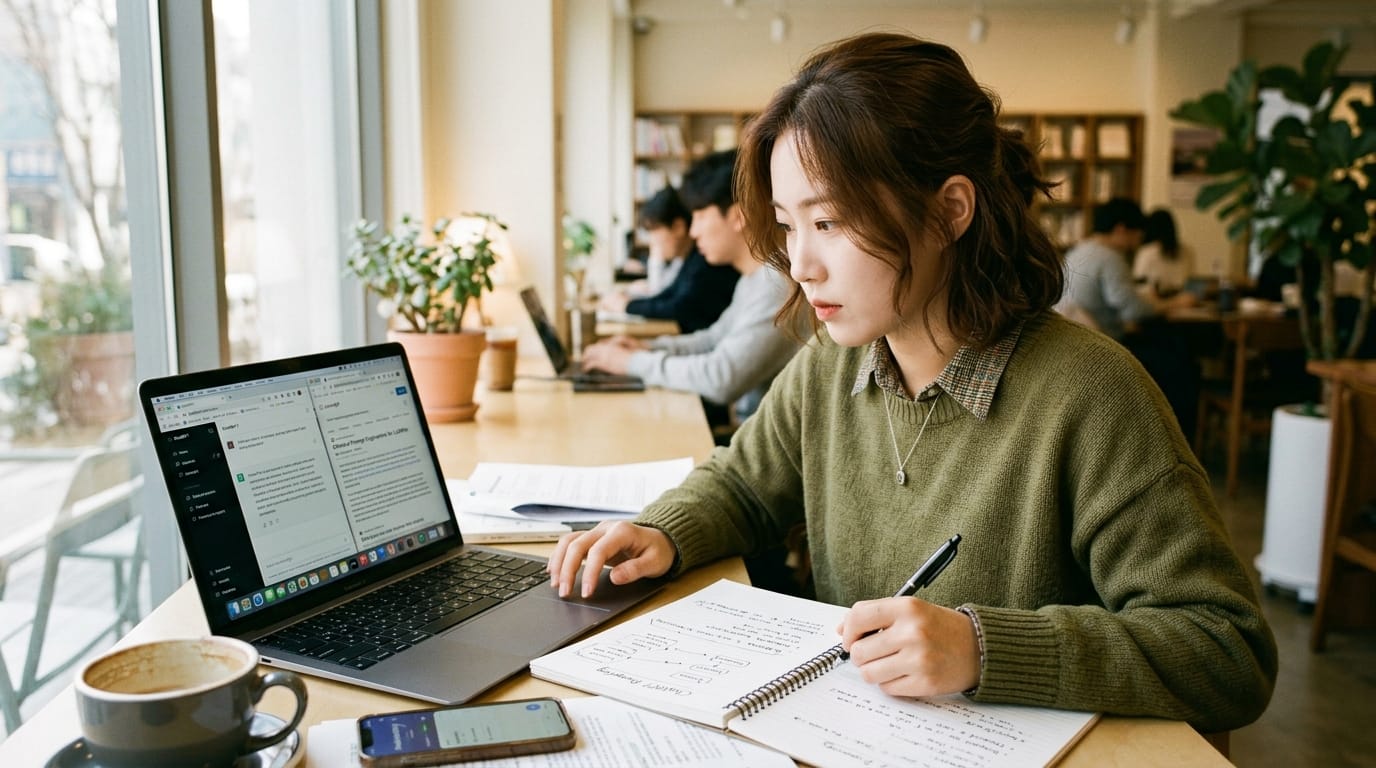 카페에서 노트북으로 공부하는 여성, 손에는 펜을 들고 있으며, 주변에는 다른 사람들도 공부 중인 모습이 보임. 책상 위에는 커피와 노트가 놓여 있음.