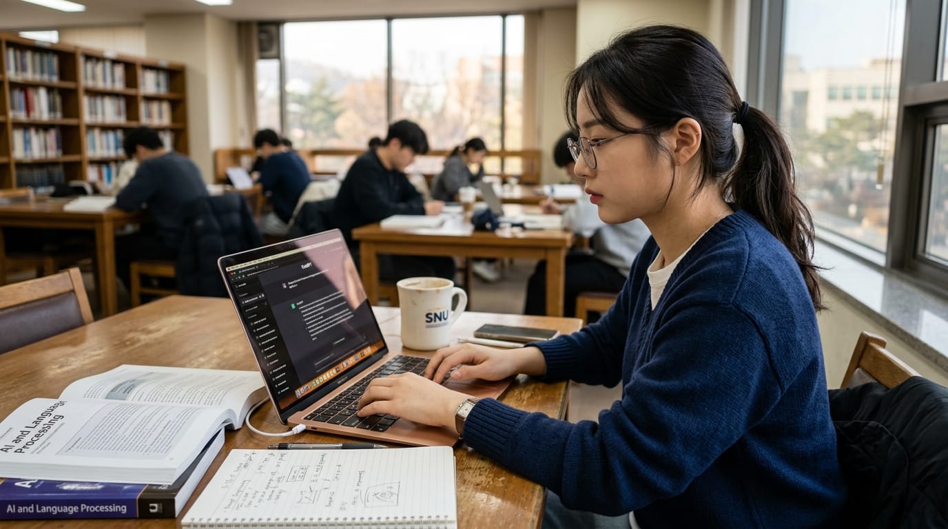 도서관에서 노트북으로 공부하는 학생. 주변에는 다른 학생들이 책을 읽거나 노트북을 사용하는 모습이 보인다. 책상 위에는 학습 자료와 커피 컵이 놓여 있다.