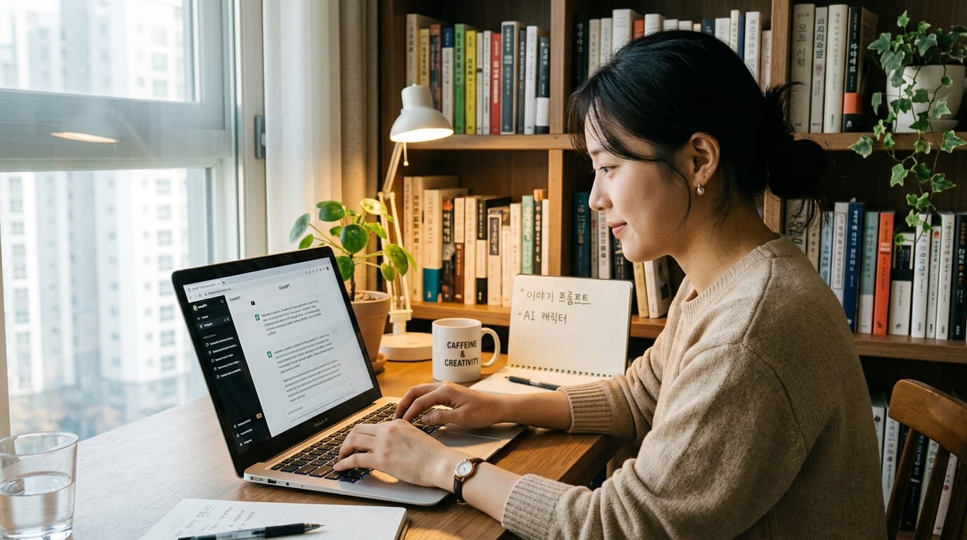 컴퓨터로 작업 중인 여성, 서재에서 책과 식물이 있는 배경. 노트북 화면에는 글쓰기 작업이 보이며, 커피컵과 메모장이 함께 놓여 있다.