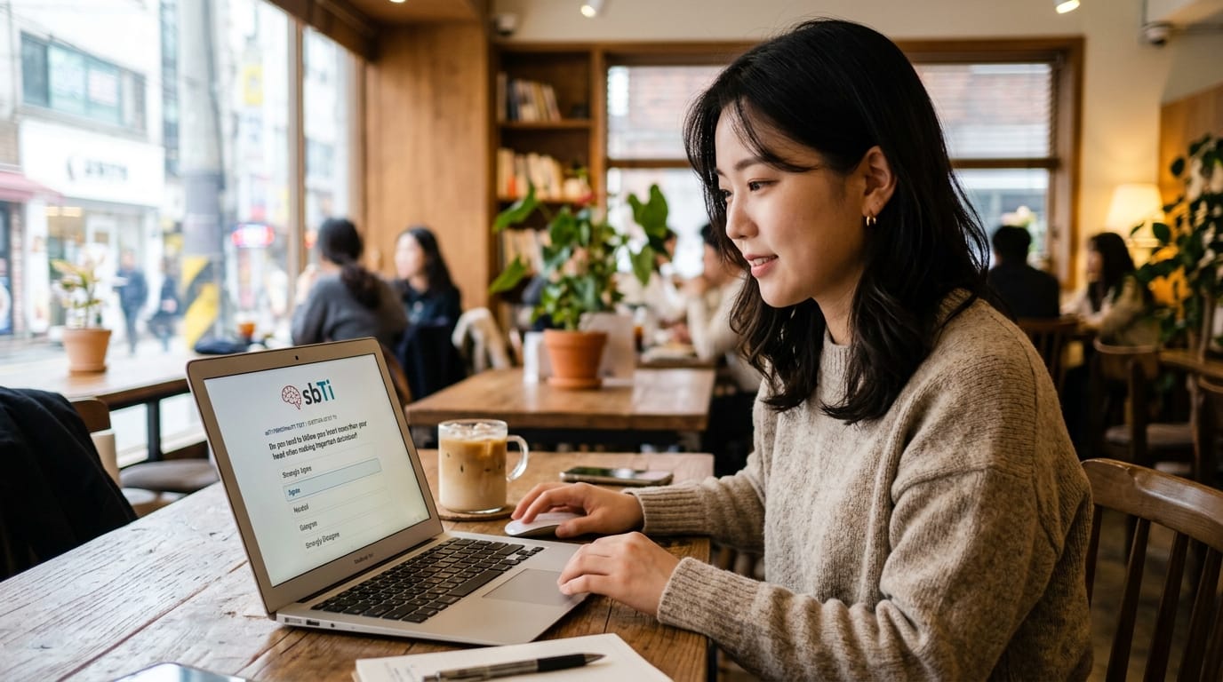 카페에서 노트북으로 작업 중인 여성, 커피잔과 필기구가 있는 테이블, 자연광이 들어오는 아늑한 분위기.