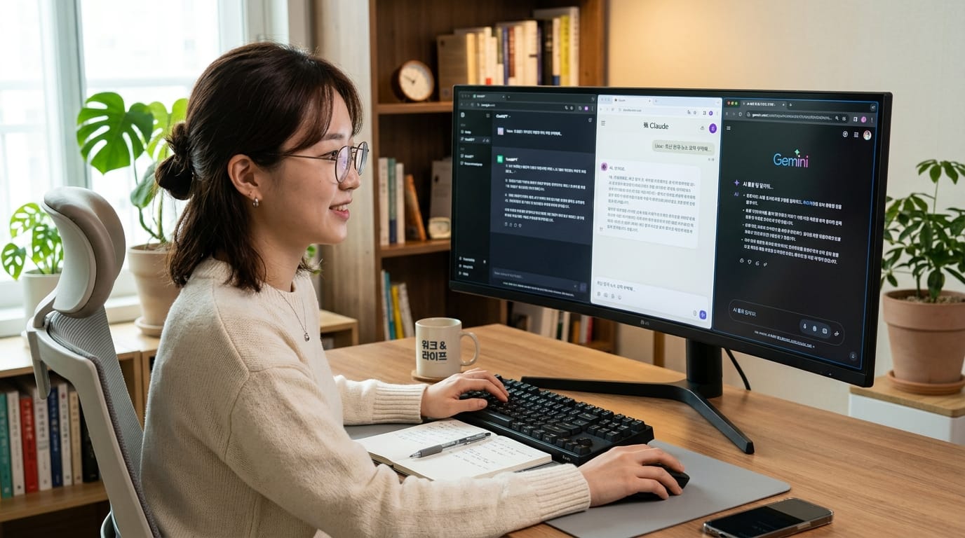 컴퓨터 앞에 앉아 있는 젊은 여성, 듀얼 모니터에서 다양한 작업을 수행 중. 왼쪽 화면에는 클라우드 서비스, 오른쪽 화면에는 AI 관련 정보가 표시됨. 책장이 배경에 보이며, 커피 컵과 메모장이 책상 위에 놓여 있음.