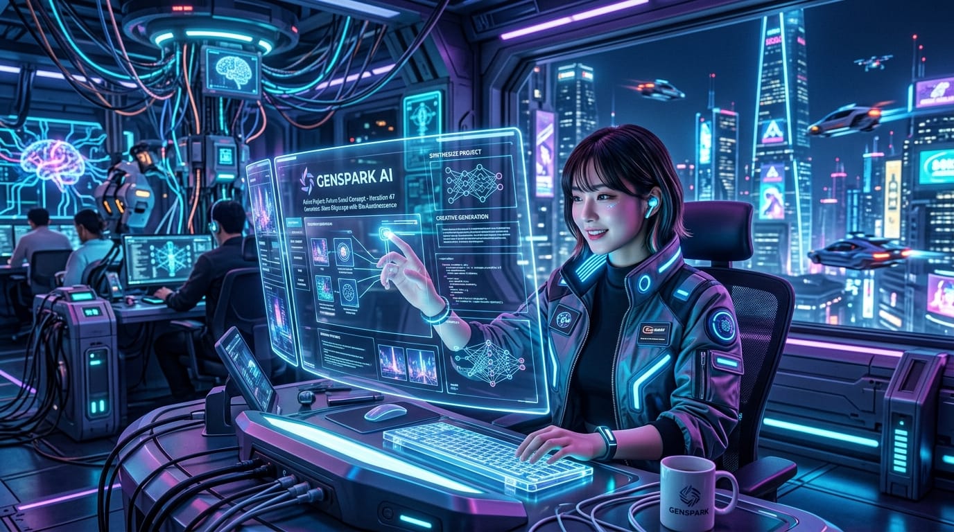 미래적인 사무실 환경에서 Genspark AI 프로젝트를 작업 중인 여성. 터치스크린 인터페이스를 사용하여 데이터 분석을 진행하며, 배경에는 현대적인 도시 풍경과 고급 기술 장비가 배치되어 있음.