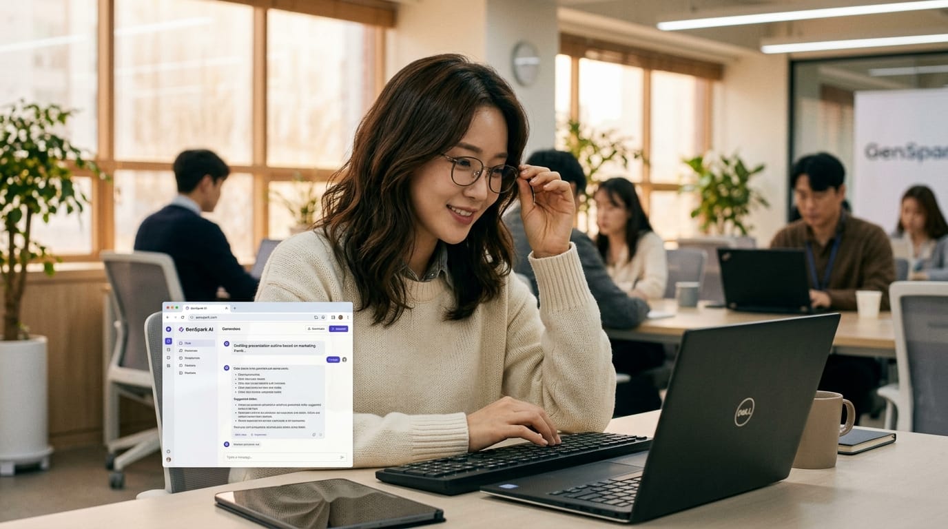 사무실에서 컴퓨터로 작업 중인 여성, 노트북 화면에는 마케팅에 관한 정보가 표시되어 있음. 주변에는 다른 직원들이 일하고 있는 모습이 보임.