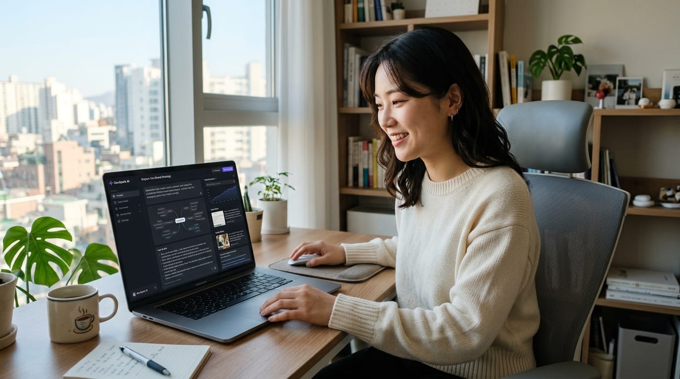 집에서 노트북으로 작업하는 젊은 여성, 창문 밖 도시 전망이 보이는 밝은 사무실 환경, 식물과 커피컵이 놓인 책상.