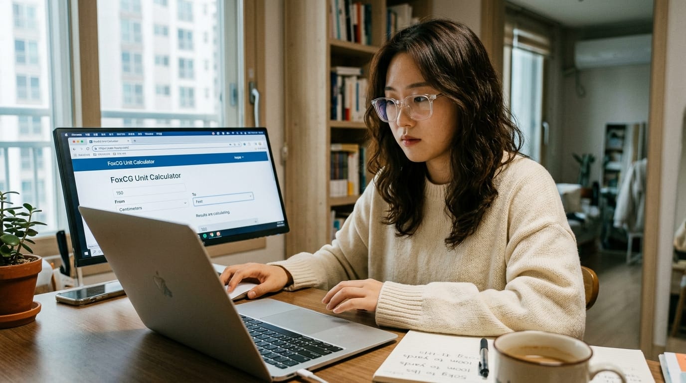 사무실에서 컴퓨터를 사용하며 FoxCG 단위 계산기를 이용하고 있는 여성의 모습. 그녀는 베이지색 스웨터를 입고 있으며, 책장이 배경에 보이고, 커피 컵과 노트가 책상 위에 놓여 있다.