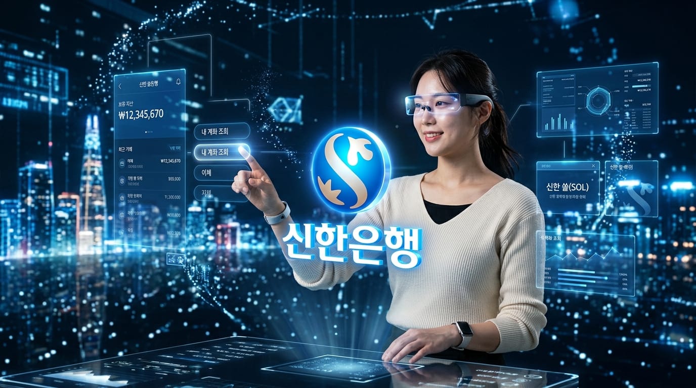 신한은행의 디지털 뱅킹 서비스를 사용하는 여성. 가상 현실 환경에서 금융 정보와 데이터를 확인하며 상호작용하는 모습. 최신 기술을 활용한 스마트 뱅킹 경험을 강조.