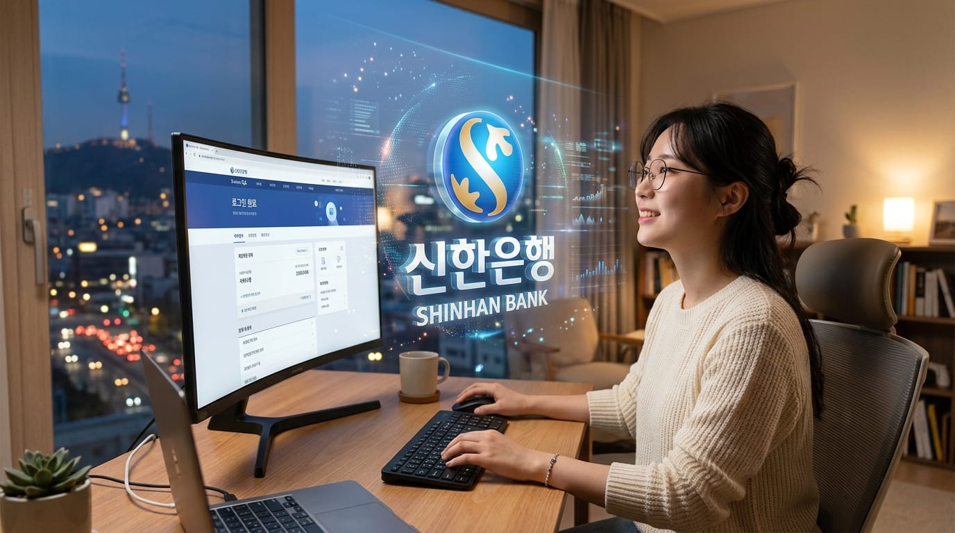 신한은행 웹사이트에 로그인하는 여성의 모습, 도시의 야경과 함께 컴퓨터 화면에 신한은행 로고가 보임.
