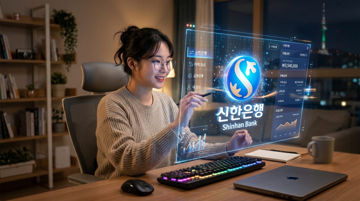 신한은행의 디지털 뱅킹 플랫폼을 사용하여 금융 정보를 조회하는 여성, 현대적인 사무실 환경에서 컴퓨터 화면에 인터랙티브한 그래픽 표시.