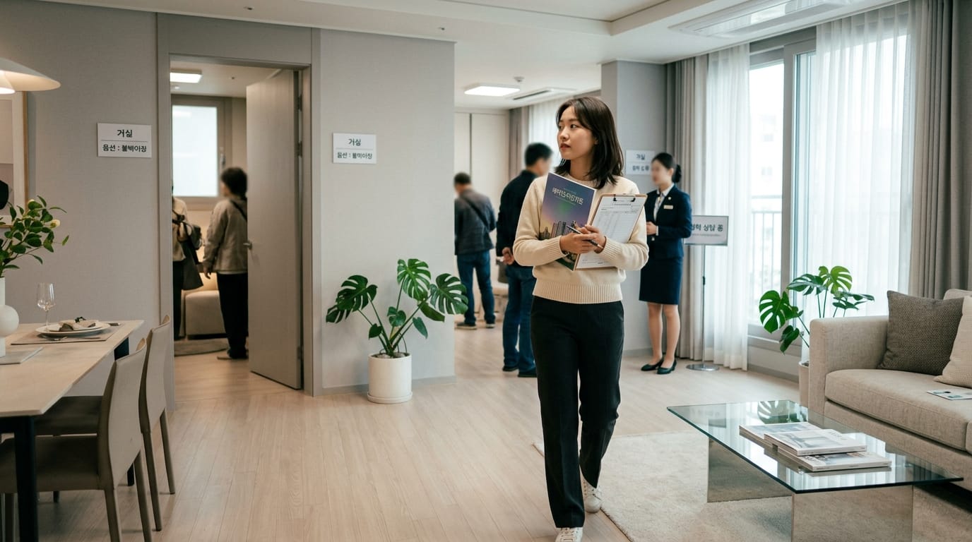 부동산 전시회에서 상담을 받는 여성, 다양한 사람들이 배경에서 대화 중이며 현대적인 인테리어의 거실이 보임.
