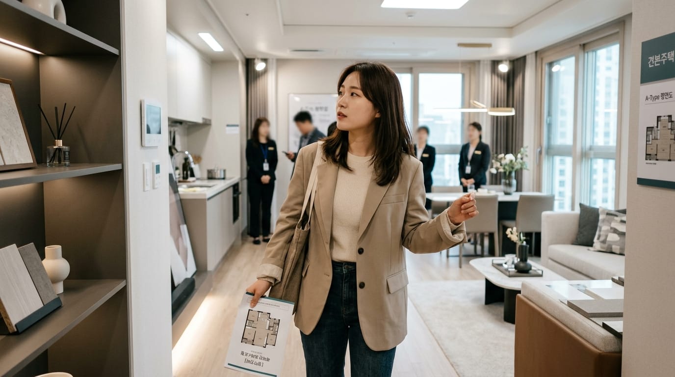 모델이 아파트 모델하우스를 탐방하는 모습, 현대적인 인테리어와 다양한 디자인 샘플이 있는 공간. 배경에는 상담 직원들이 대기하고 있으며, 모델이 아파트 평면도를 살펴보고 있다.