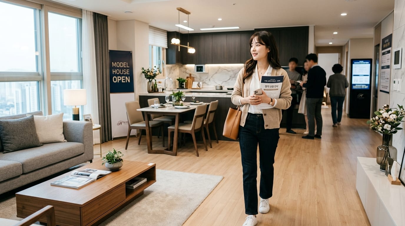 모델 하우스 내부에서 상담을 받는 여성, 현대적인 인테리어와 가구가 배치된 거실을 배경으로 함. 테이블에는 식기와 꽃 장식이 놓여 있으며, 방문객들이 주변에서 활동 중임.