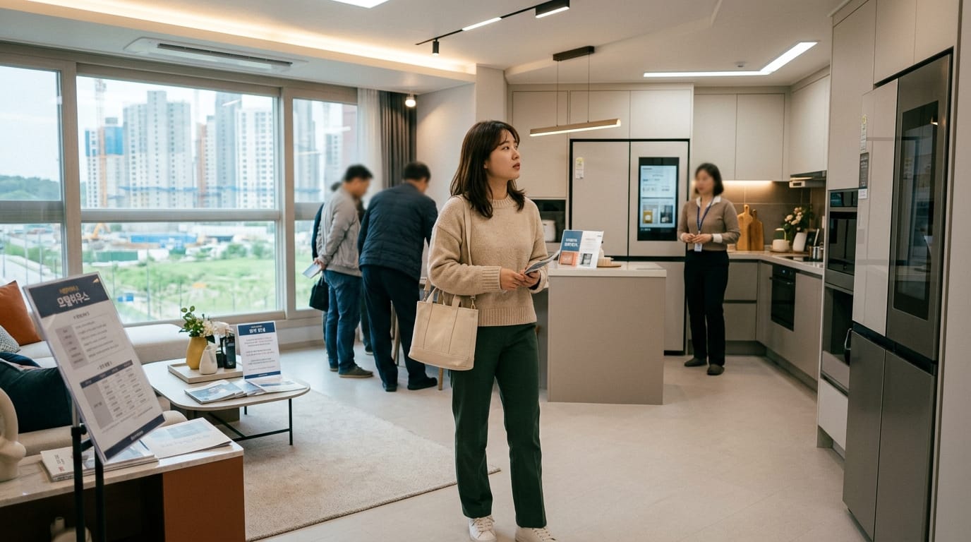 모델하우스 내부에서 주택을 살펴보는 여성, 현대적인 주방과 거실이 보이며, 여러 방문객들이 함께 있는 모습.