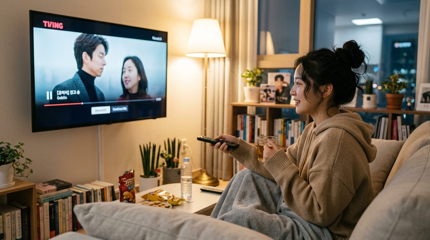 소파에 앉아 TV로 드라마 '도깨비'를 시청하는 여성, 손에는 리모컨과 음료를 들고 있으며, 주변에는 책과 간식이 놓여 있는 아늑한 거실 모습.