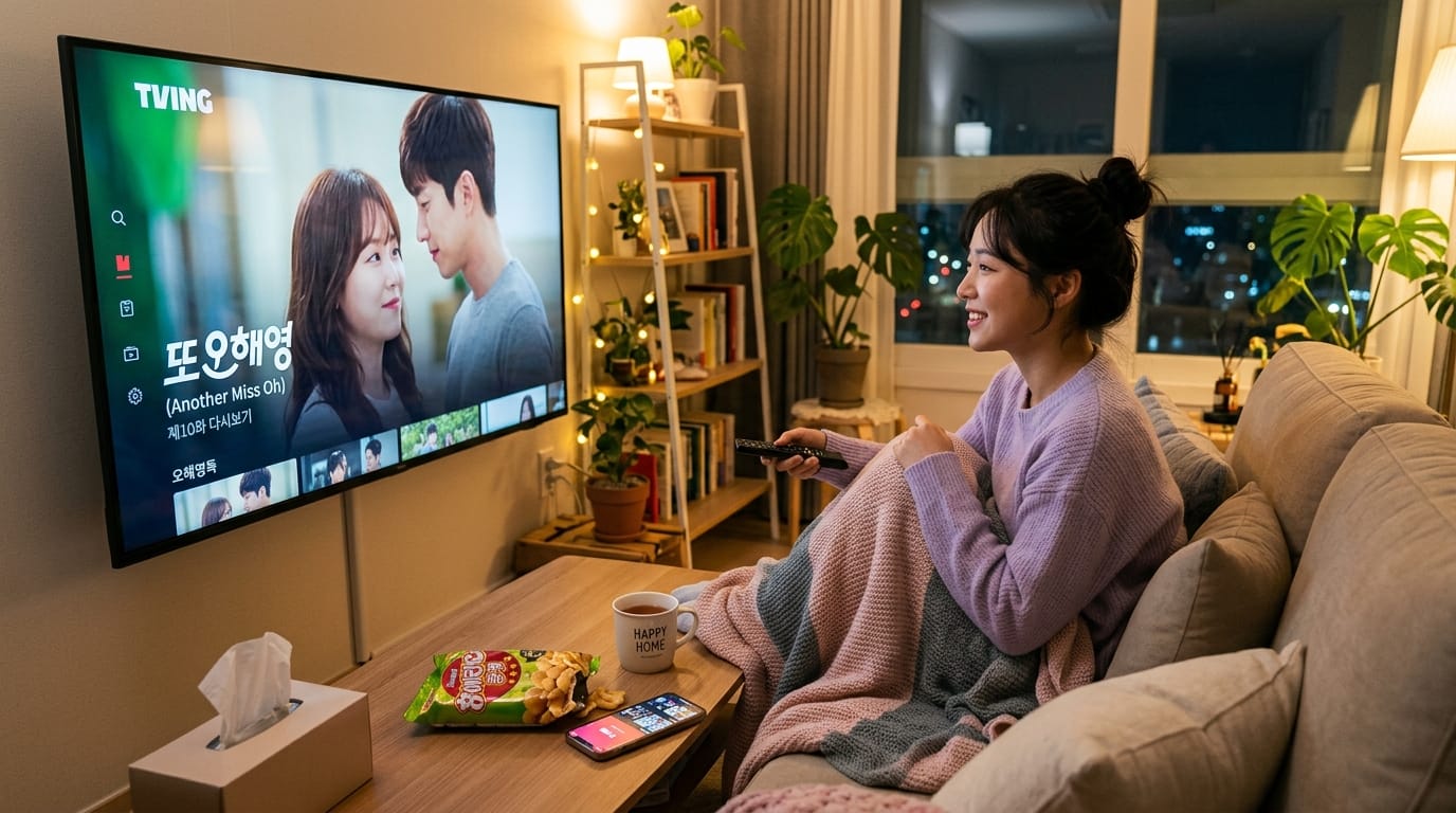 TVING에서 드라마 '또 오해영'을 시청하는 여성, 편안한 소파에 앉아 담요를 덮고 간식과 차를 곁들여 여유로운 시간을 즐기는 모습.