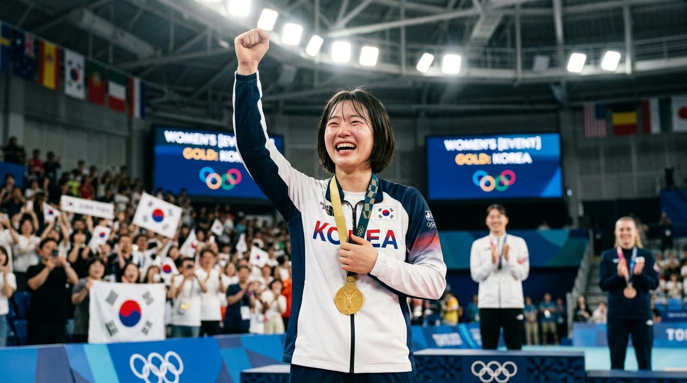 2020 도쿄 올림픽 여자 종목에서 금메달을 획득한 한국 선수의 감격적인 순간, 환호하는 관중과 함께 기쁨을 나누는 모습.