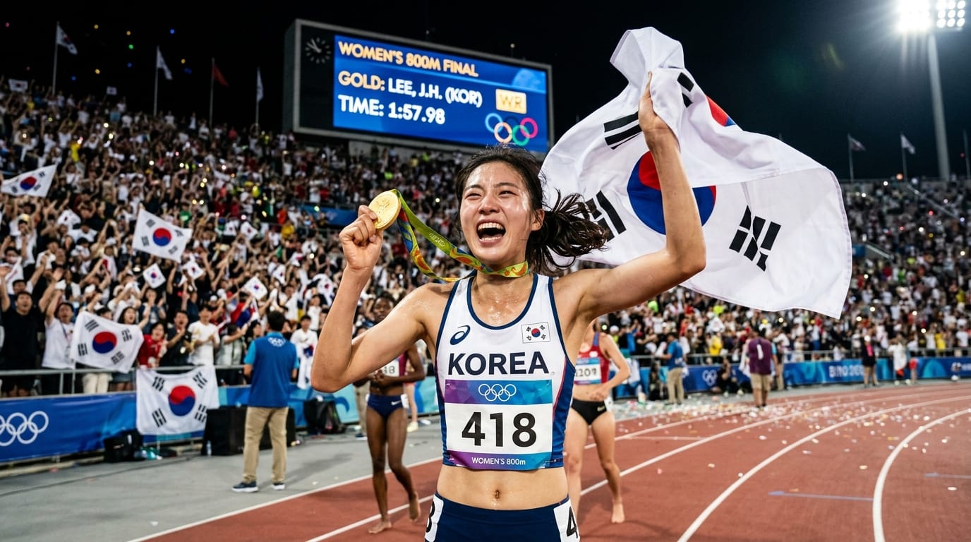 한국 올림픽 경기에서 800m 결승에서 금메달을 획득한 이재현 선수, 환호하는 모습과 함께 한국 국기를 들고 기쁨을 표현하고 있는 장면. 관중들이 응원하는 가운데, 기록은 1분 57초 98로 표시됨.