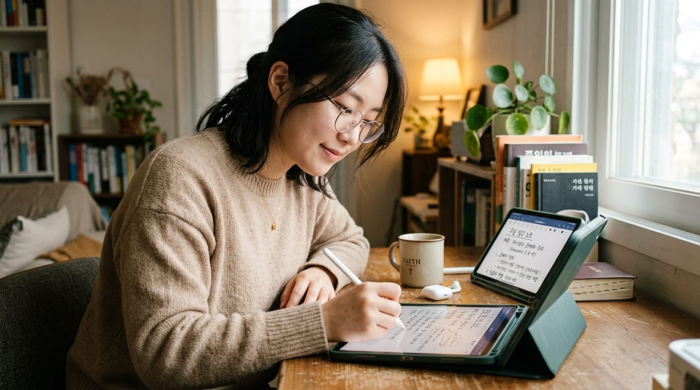 편안한 집 안에서 태블릿에 필기하는 젊은 여성의 모습. 그녀는 베이지색 스웨터를 입고 있으며, 테이블 위에는 커피 컵과 여러 권의 책이 놓여 있다. 창가에서 자연광이 들어오고, 식물이 배치되어 있는 아늑한 분위기.