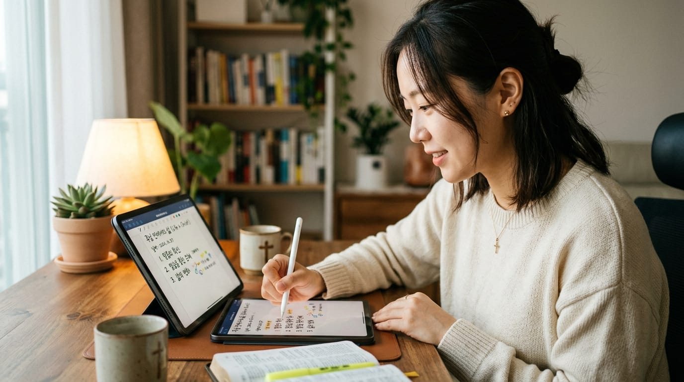 집에서 태블릿을 사용하여 공부하는 여성, 노트북과 책이 있는 아늑한 작업 공간. 태블릿 화면에는 글씨가 적혀 있고, 손에는 스타일러스 펜을 들고 있다. 식물과 조명이 있는 따뜻한 분위기.