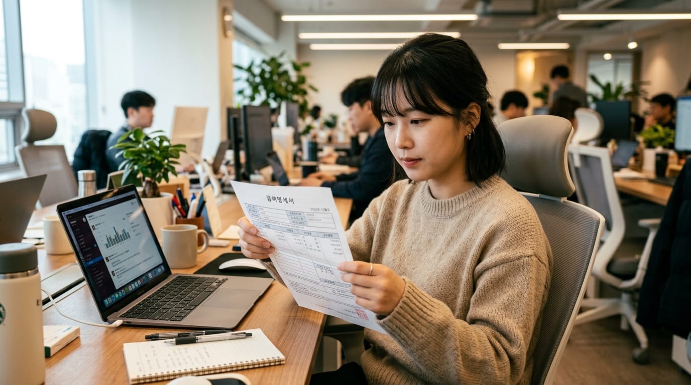 사무실에서 급여명세서를 확인하는 여성. 현대적인 오피스 환경에서 컴퓨터와 문서 작업을 하고 있는 모습.
