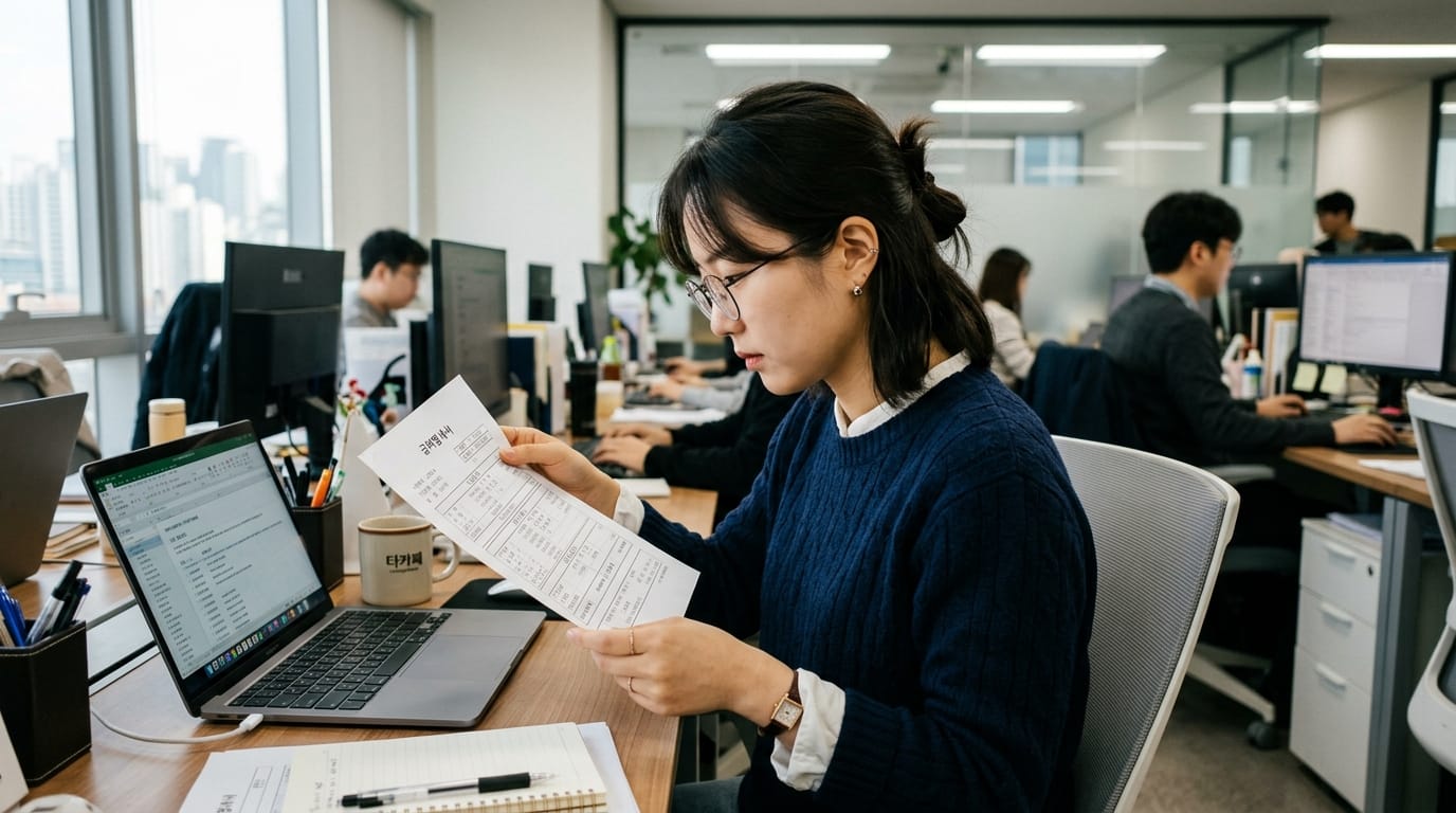 사무실에서 서류를 검토하는 여성의 모습, 노트북과 사무용품이 있는 책상, 배경에는 다른 직원들이 일하고 있는 모습이 보임.