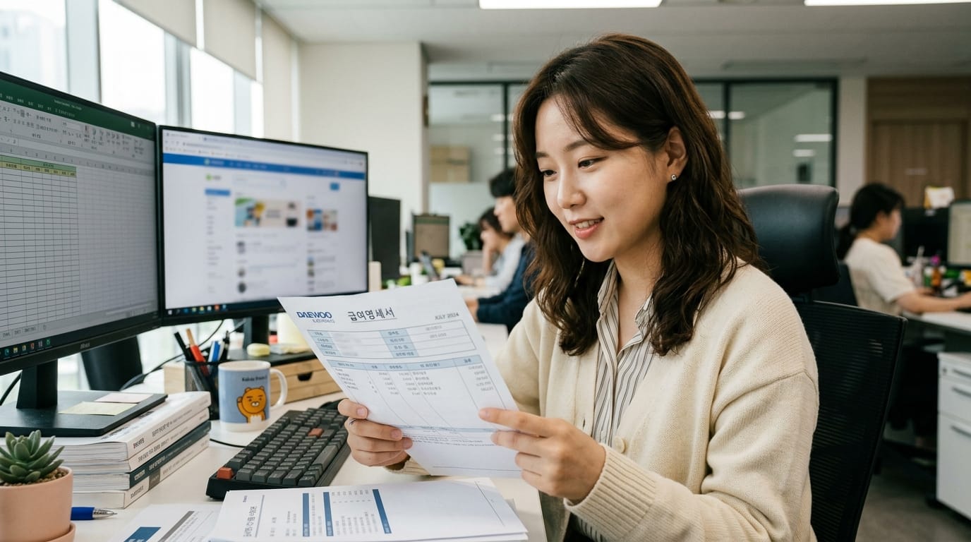 사무실에서 급여명세서를 살펴보는 여성, 컴퓨터 화면에는 스프레드시트와 웹페이지가 보임. 책상 위에는 문서와 식물, 펜이 놓여 있음.
