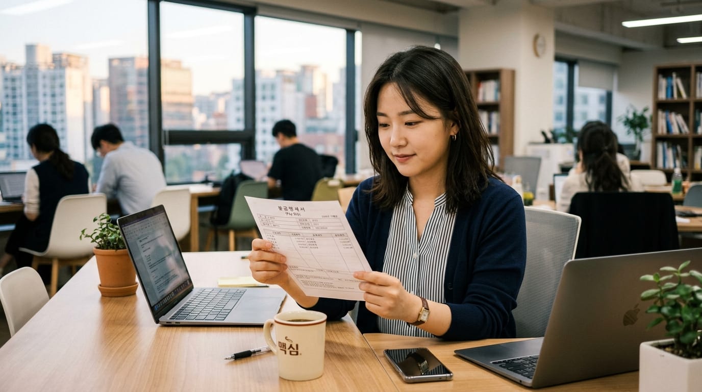 사무실에서 서류를 검토하는 여성. 테이블 위에는 노트북, 스마트폰, 커피컵이 놓여 있고, 배경에는 다른 직원들이 일하는 모습이 보인다. 도시 풍경이 보이는 창가 근처에서 업무를 수행하는 모습.
