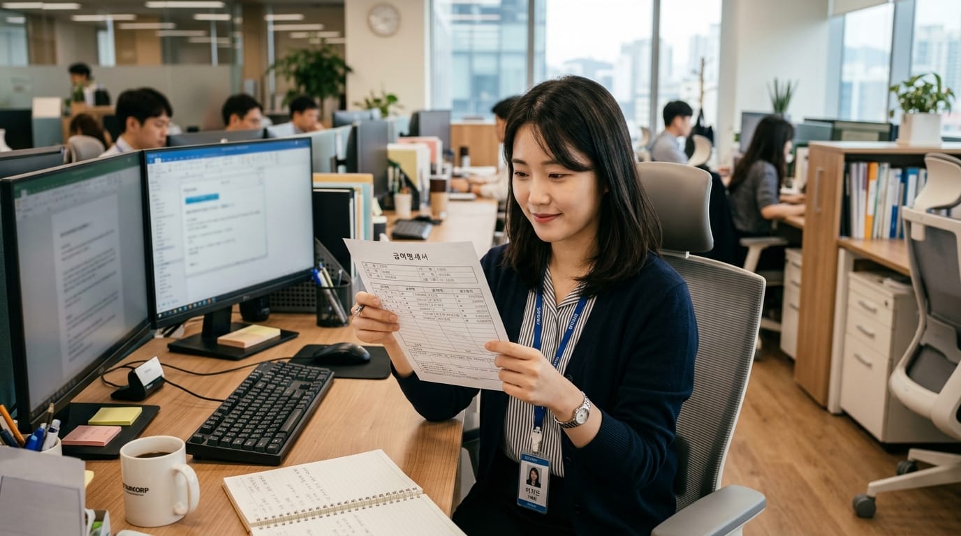 사무실에서 업무를 보고 있는 여성 직원이 문서를 읽고 있는 모습. 컴퓨터 모니터와 키보드, 메모장, 커피 컵이 있는 깔끔한 책상 환경. 배경에는 다른 직원들이 일하는 모습이 보임.