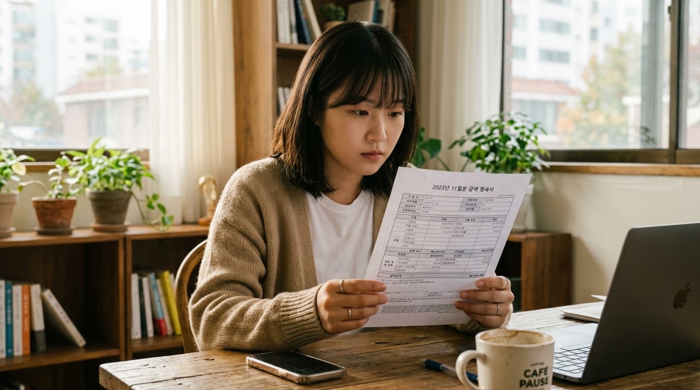 2023년 11월 급여 명세서를 검토하는 여성, 책상 위에 노트북과 커피컵이 놓여 있으며, 창가에는 식물이 있다.