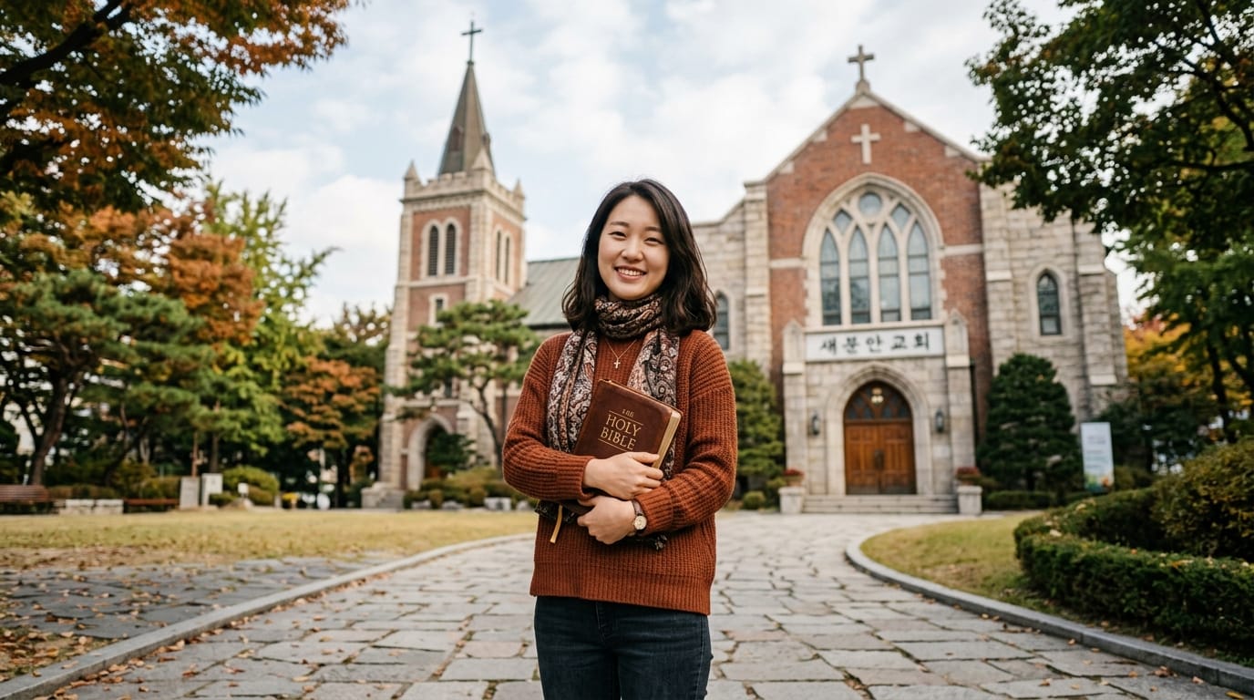 교회 앞에서 성경을 들고 있는 여성의 사진. 배경에는 아름다운 가을 풍경과 함께 전통적인 건축 양식의 교회가 보인다.