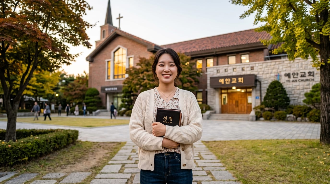 예안교회 앞에서 성경을 들고 웃고 있는 여성의 모습. 교회 건물과 주변 풍경이 어우러진 따뜻한 저녁 시간대의 사진.