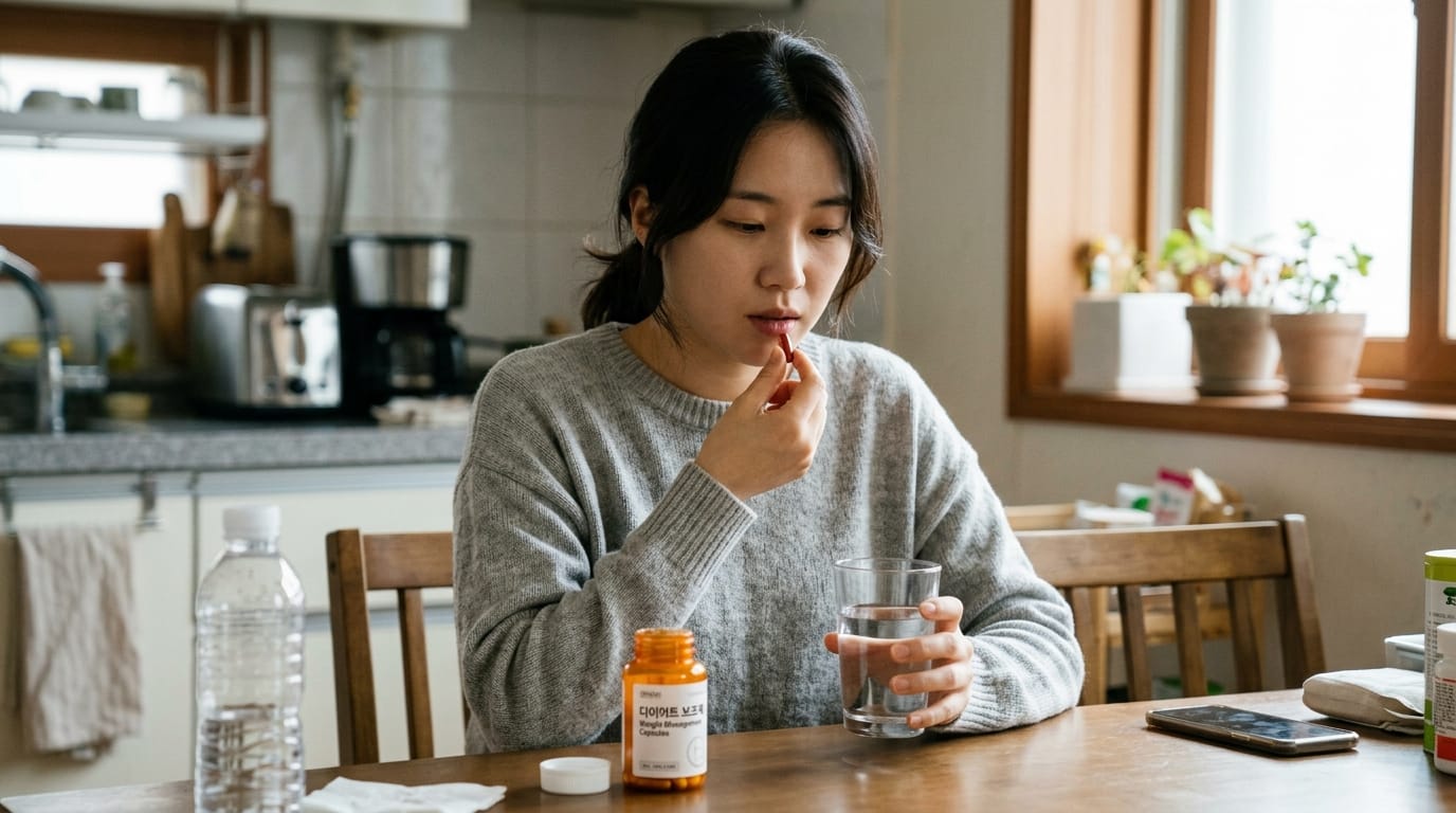 여성이 식탁에서 물과 함께 건강 보조제를 복용하는 모습. 배경에는 주방 용품과 식물이 보인다.