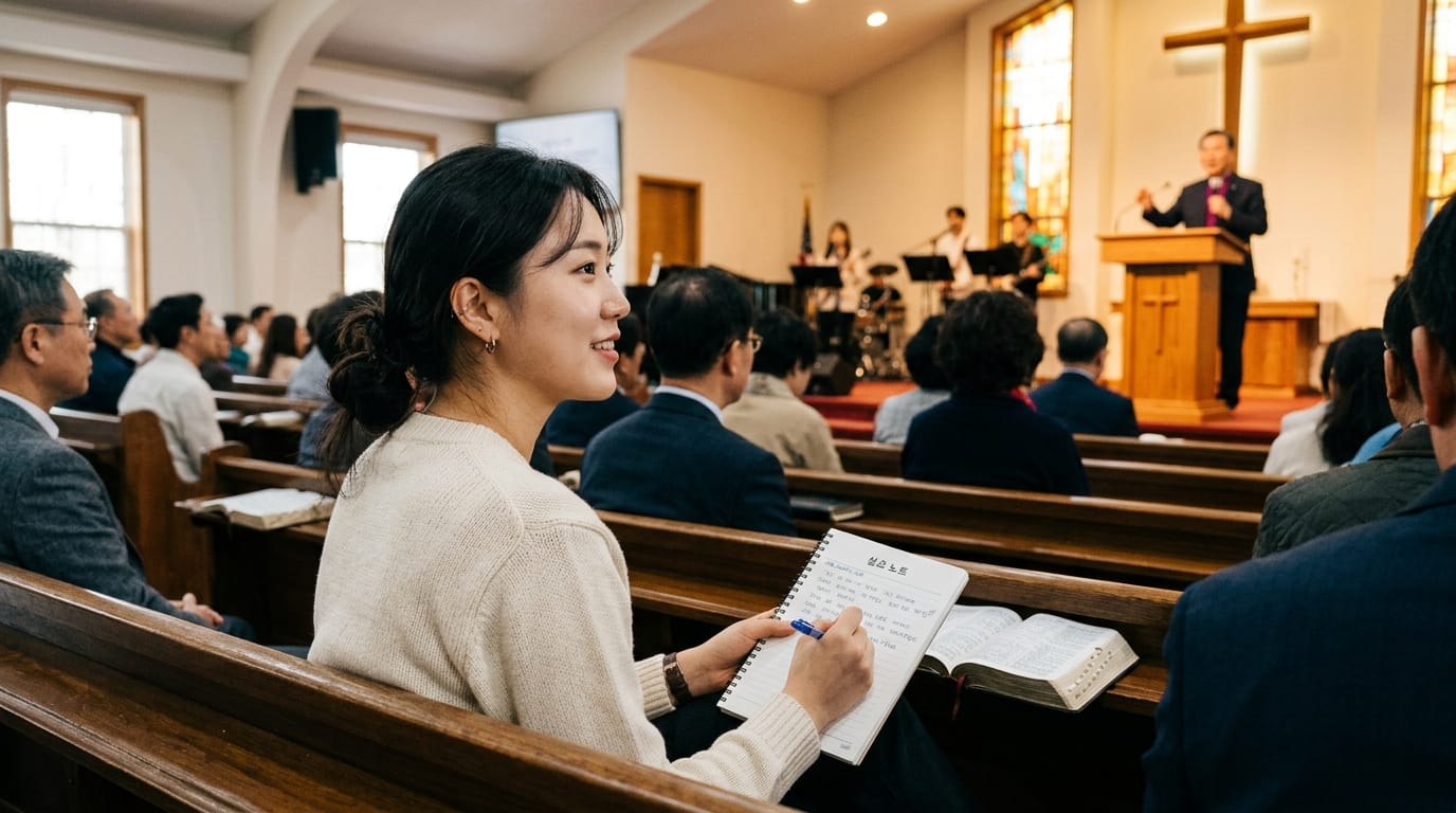 교회에서 예배를 드리는 모습. 강단에서 설교하는 목사와 함께, 청중 중 한 여성이 노트에 필기를 하고 있다. 다양한 연령대의 사람들이 앉아 있으며, 배경에는 성경과 악기들이 보인다.